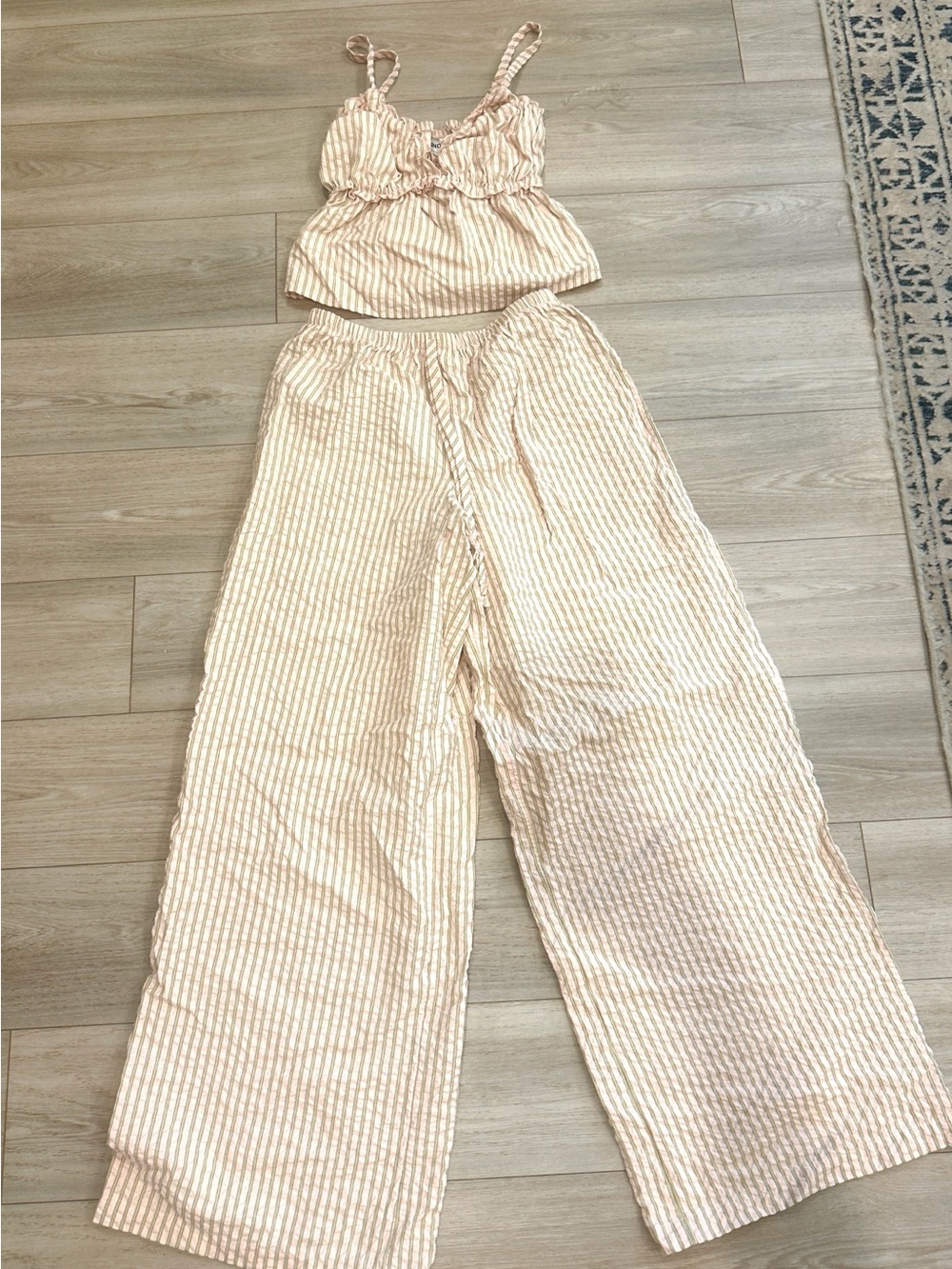 Striped Cream & Pink Wide-Leg Pants with Matching Crop Top